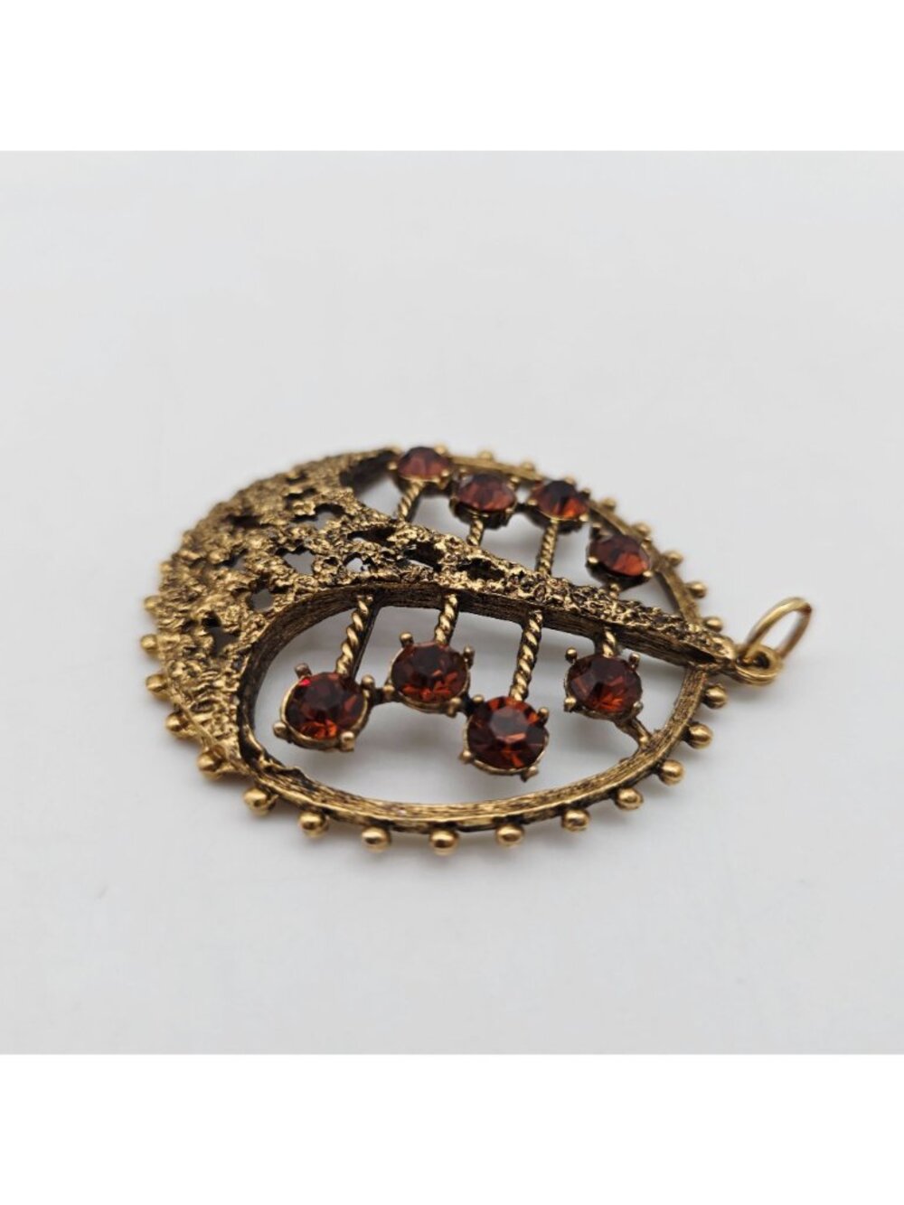 Gold Tone Filigree Pendant 8 Amber Rhinestones & Nuggets 1970s Vintage 2" - Picture 3 of 5
